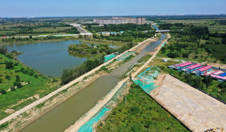 航拍济南起步区大寺河治理工程，将建成美如玉簪的景观河